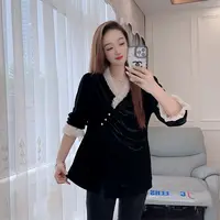 5176秋冬季女装新款蕾丝花边V领套头宽松金丝绒中长款长袖上衣