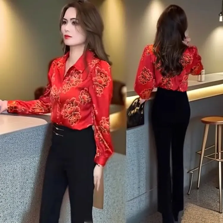 春季穿搭显瘦气质长袖衬衫2025新款时尚翻领长袖休闲百搭印花上衣