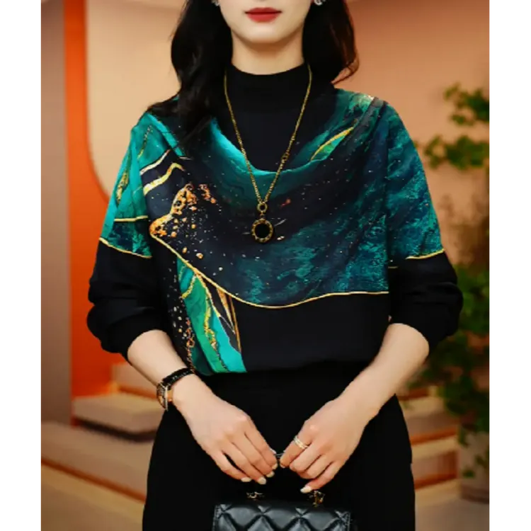 星河-高端长袖时尚上衣女显瘦显白百搭印花圆领减龄加绒