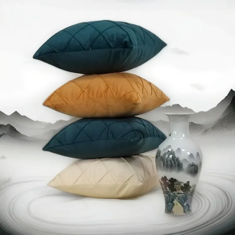 北欧复古菱格天鹅绒抱枕方形沙发靠垫轻奢抱枕内芯填充物不塌陷