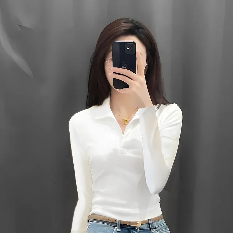 正肩无扣Polo领长袖T恤女春秋修身运动打底衫翻领上衣设计感ins潮