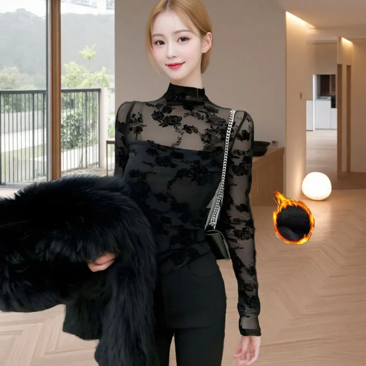 半高领植绒碎花蕾丝衫女2025春秋性感微透长袖加绒打底衫内搭显瘦