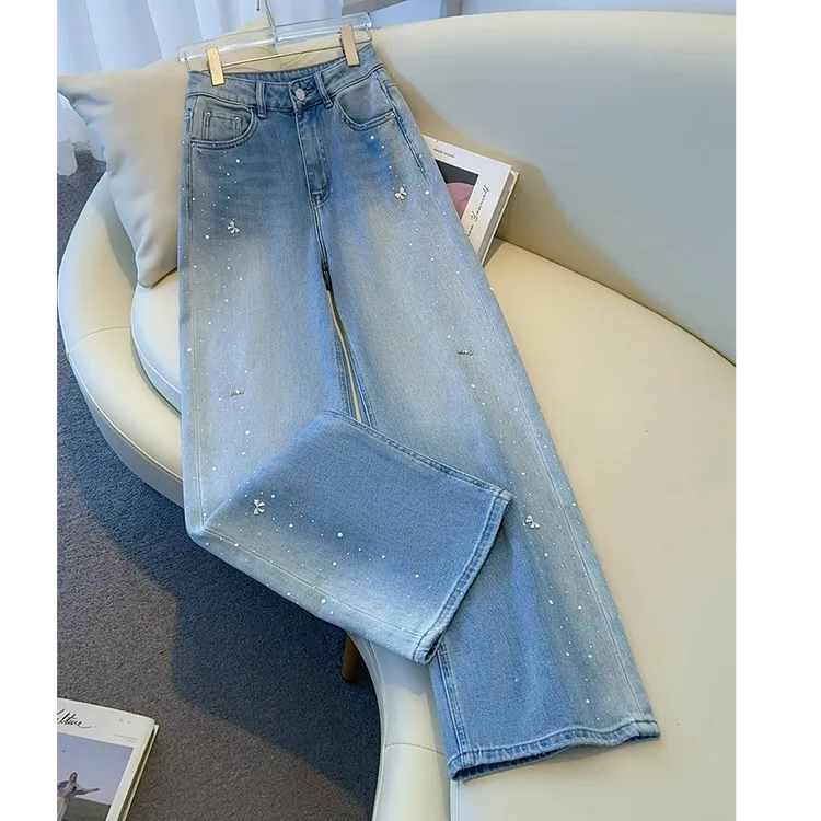 欧货2025春夏新款轻奢烫钻高品质牛仔裤洋气复古显高窄版直筒裤