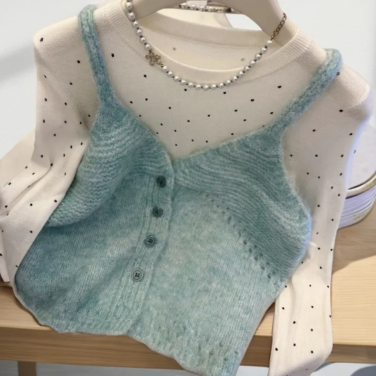 3303#温柔彩纱针织吊带背心女秋季新款百搭显瘦气质软糯毛衣上衣