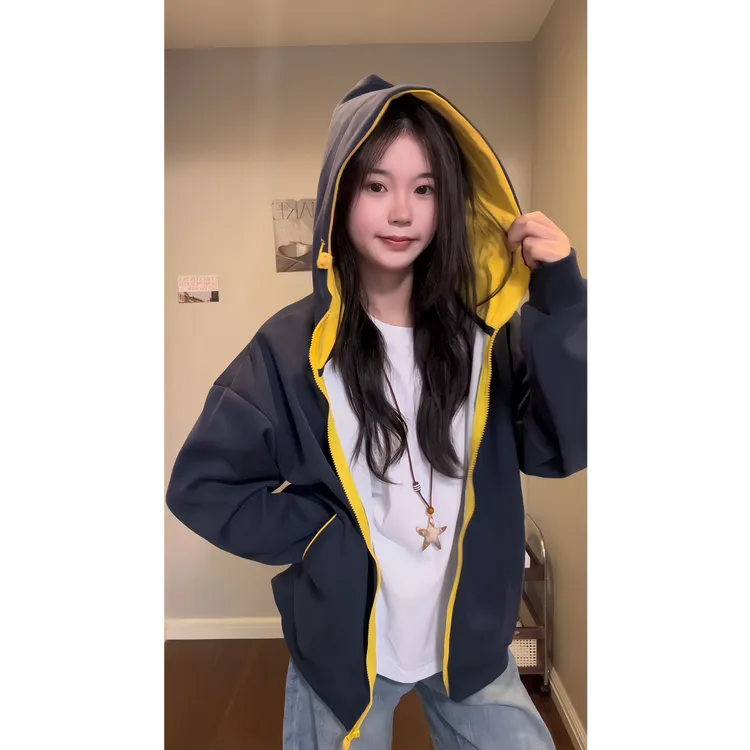 藏青色美式拼色连帽撞色卫衣秋季新款男大连帽潮牌情侣卫衣外套