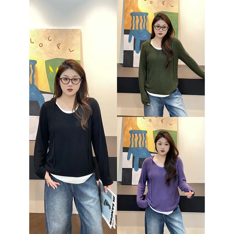 裂渡宣宣【温柔陷阱】微胖大码女秋时尚百搭连帽假两件打底ZY507V41