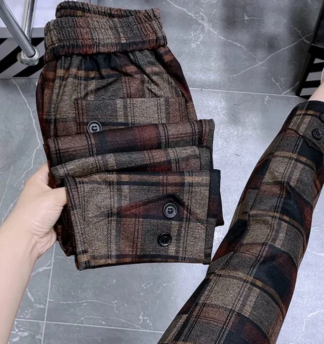 012时尚格子松紧腰休闲裤