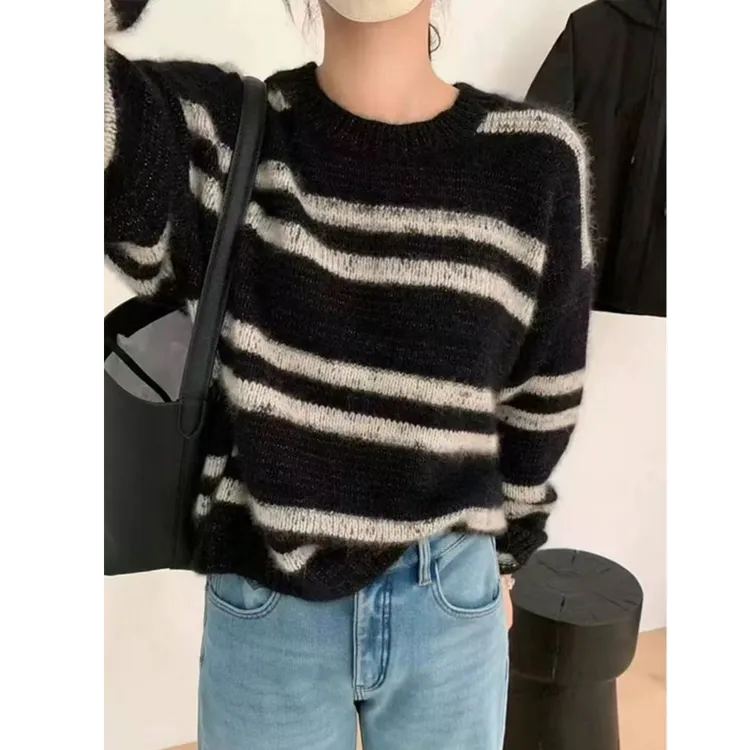 秋冬新款韩版条纹亮丝休闲百搭针织衫套头毛衣女1004