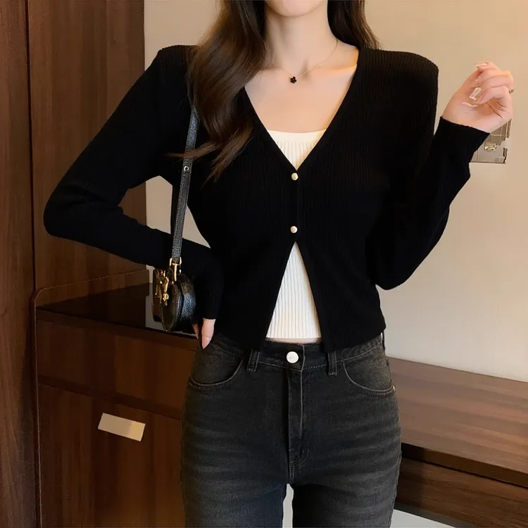 黑色长袖v领针织衫女秋季御姐轻熟穿搭法式气质修身短款开衫上衣