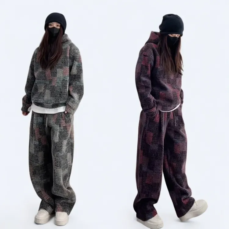 重磅美式撞色连帽卫衣卫裤两件套冬季新款男士休闲套装高级感男装