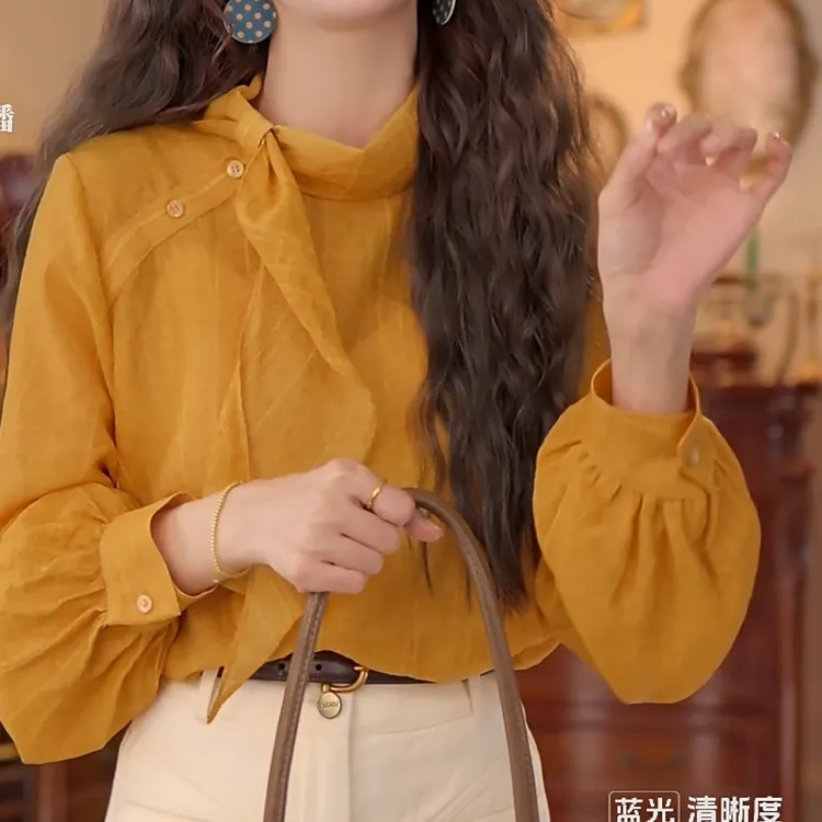 港风复古减龄衬衣条纹绑带长袖百搭宽松衬衫