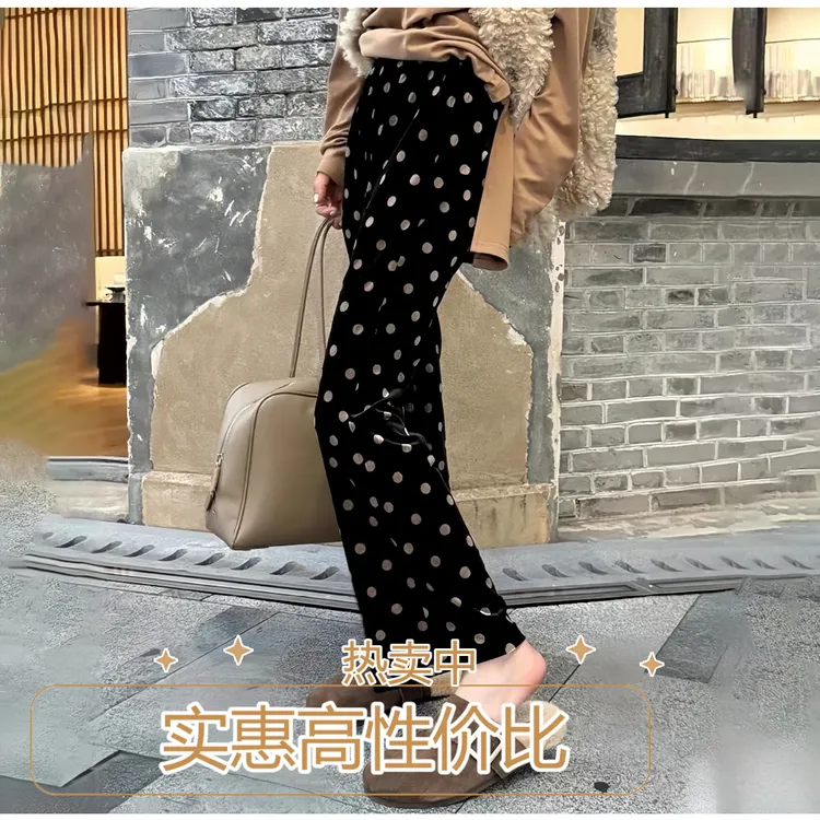 加绒直筒女波点休闲裤金丝绒女窄版直筒裤洋气百搭垂感网红裤子
