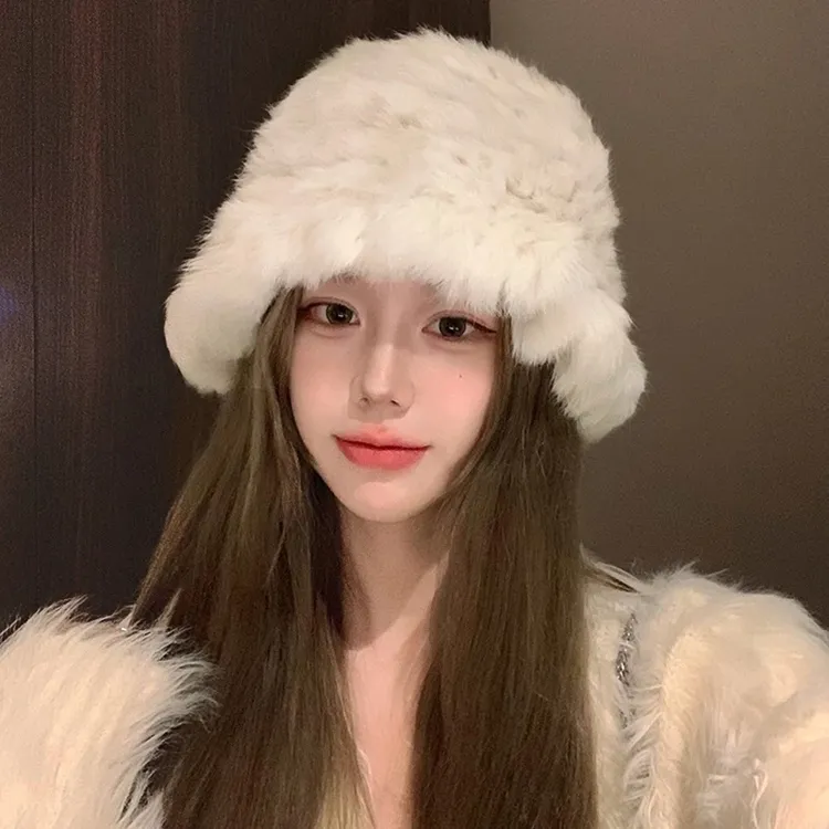 兔毛白色针织帽冬季韩版百搭毛线帽子护耳保暖包头盆帽毛绒渔夫帽