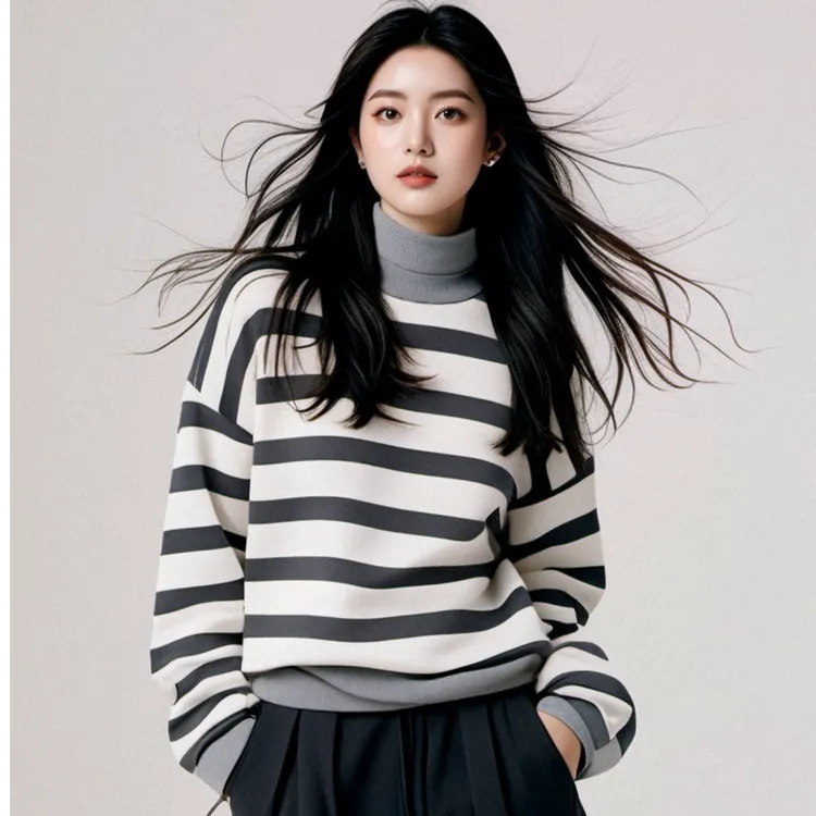 时尚立领条纹卫衣女秋冬新款美式复古保暖宽松百搭运动圆领上衣潮