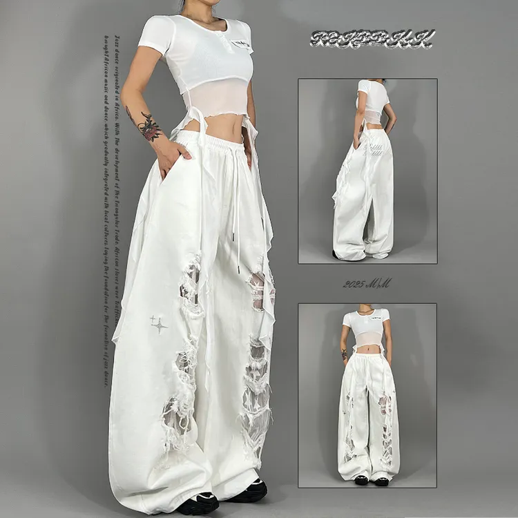 ROKBBK-K布韩街舞潮牌美式复古蕾丝拼接破洞设计感直筒宽松阔腿裤