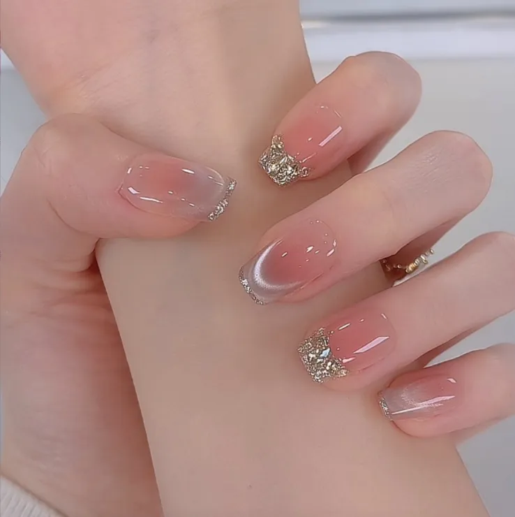 【鎏金碎钻】裸色温柔法式猫眼手工穿戴甲爆闪显白高级感美甲贴片