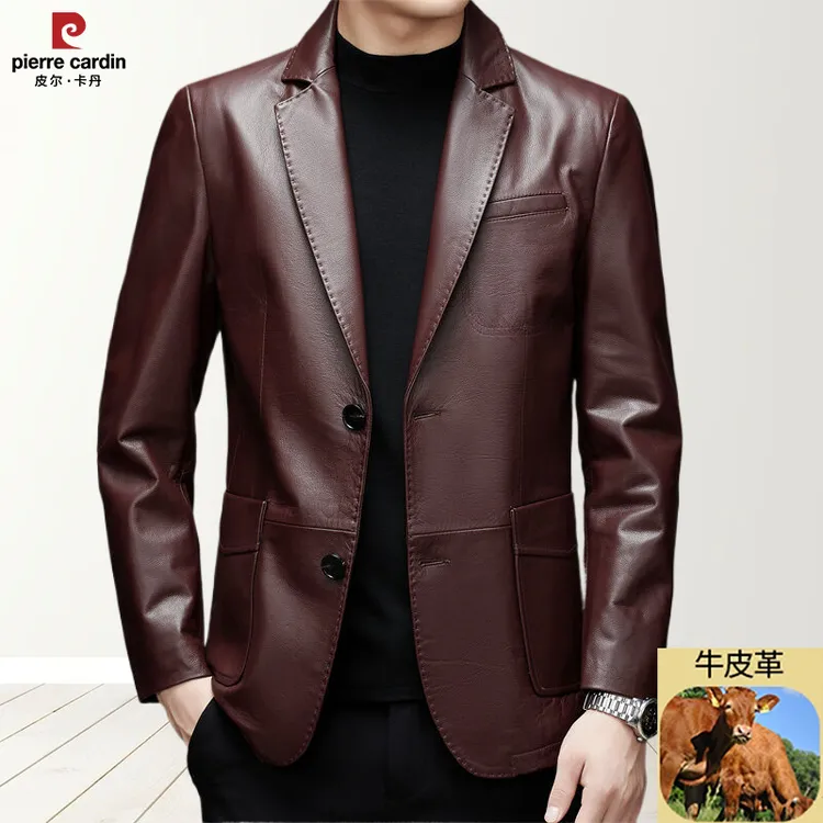 头层小牛皮男士修身皮西装夹克海宁真皮皮衣冬季皮尔卡丹商务西服