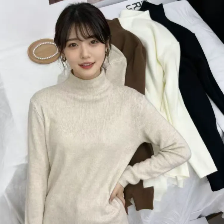 日系休闲简约显白显瘦温柔小立领长袖针织衫女春季通勤毛衣内搭