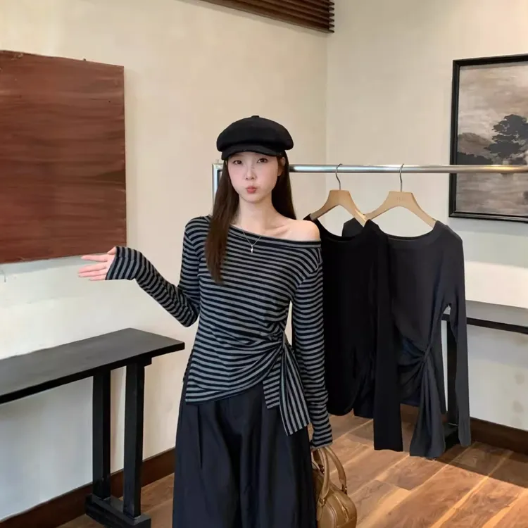 复古风韩系早秋松弛感条纹一字肩不规则绑带设计感女长袖显廋上衣