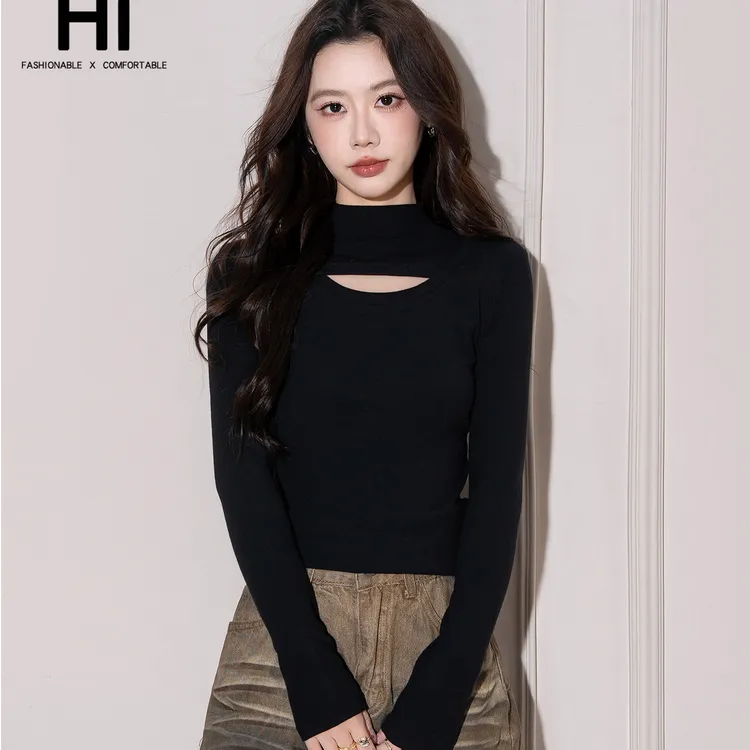 【25年新款】纯色修身显瘦极简螺纹T恤镂空设计针织半高领长袖女