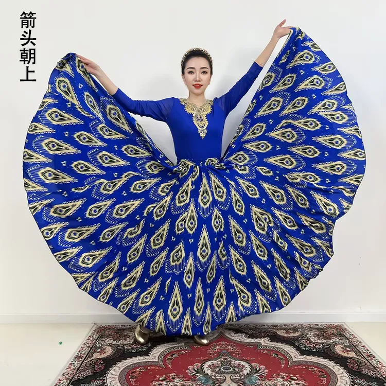 艾德莱斯绉花丝蓝底黄羽满铺花半身裙/720大摆/带内衬