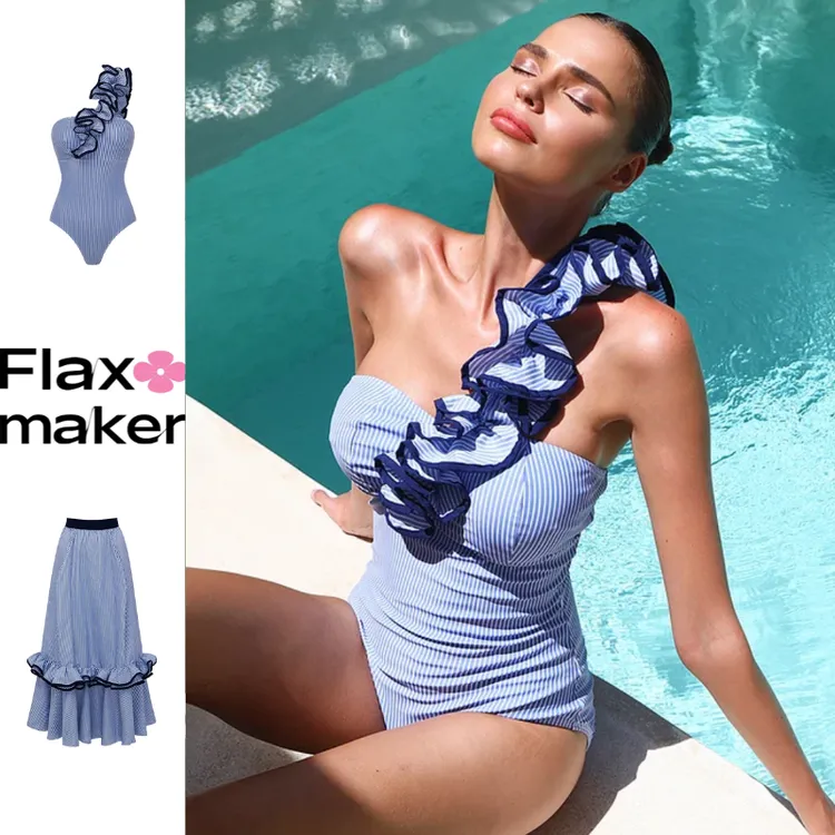 Flaxmaker·单肩荷叶边条纹印花连体泳衣和裙子 气质保守小众修身