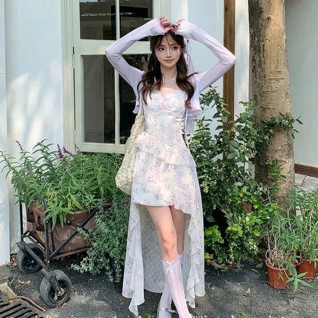 紫雾甜心 紫色开衫碎花吊带连衣裙女夏季不规则拖尾中长裙套装