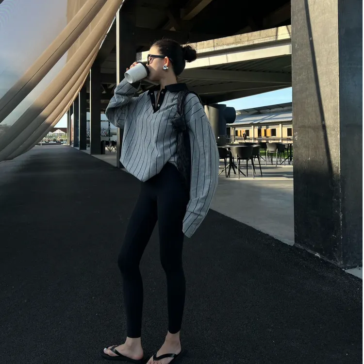气质条纹显瘦长袖套头上衣洋气休闲百搭修身打底黑色长裤时尚套装