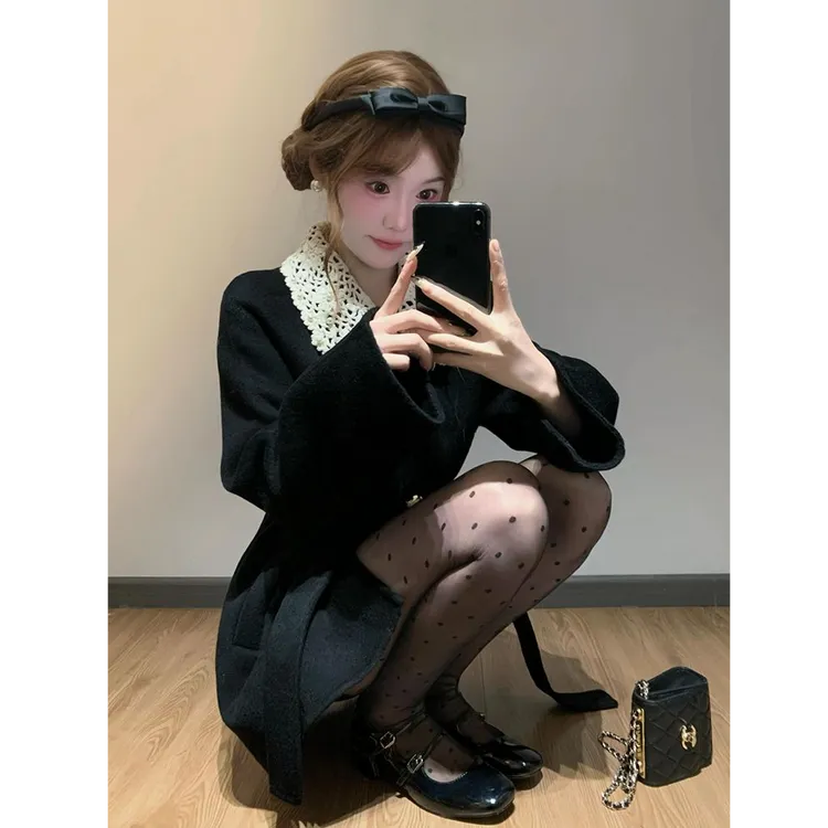 法式miu系千金感翻领外套女冬季新款小众气质高级毛呢外套大衣