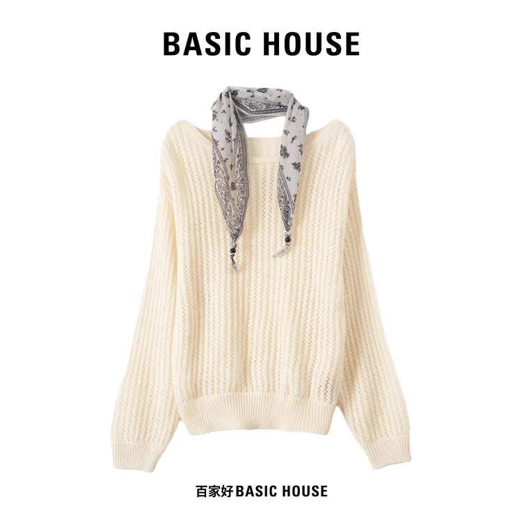 Basic House/百家好2025秋圆领设计师纹理丝巾套头针织衫M922 XX