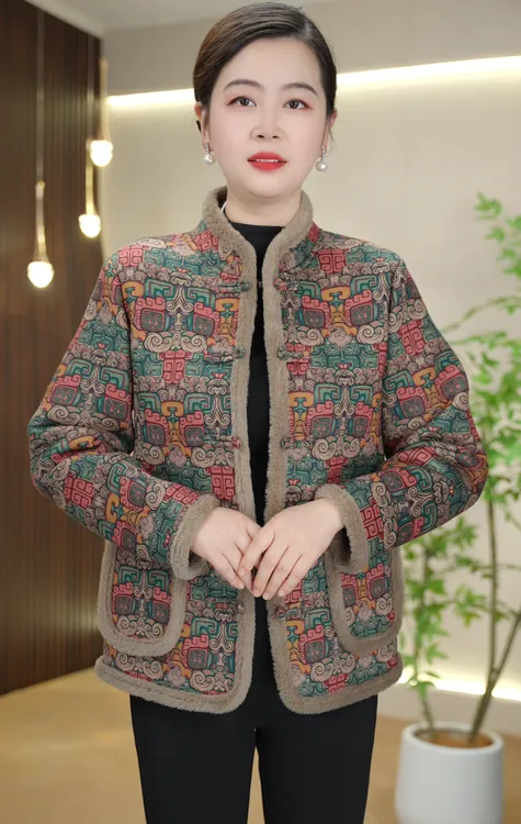 【雨】2025秋冬新款加绒加厚带毛边棉衣妈妈装盘扣外套青铜纹