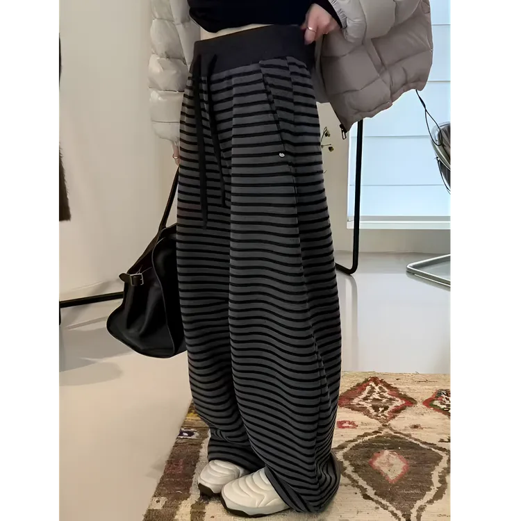欧货条纹加绒直筒阔腿裤女2025秋冬新款高腰宽松显瘦拖地裤长裤潮