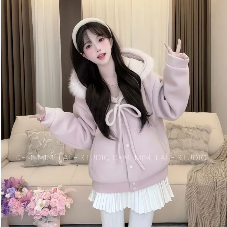 【燕麦暖绒 】蝴蝶结绑带大毛领连帽外套冬女夹棉加厚毛呢上衣