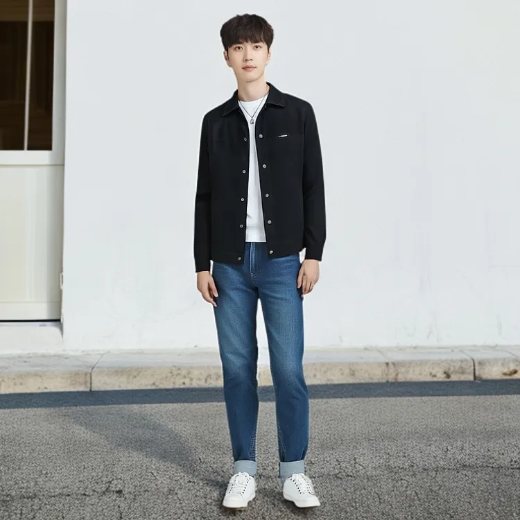 新款痞帅高级感薄款男士夹克双层套里翻领上衣男装时尚潮流韩版