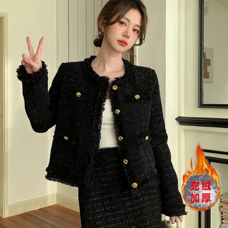 【当天发+运费险】充绒内胆小香风外套名媛气质显瘦粗花呢上衣P3388