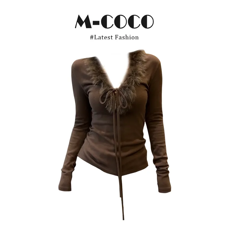 parkyeon大码胖MM美拉德毛毛领系带针织衫女秋冬新款打底衫上衣