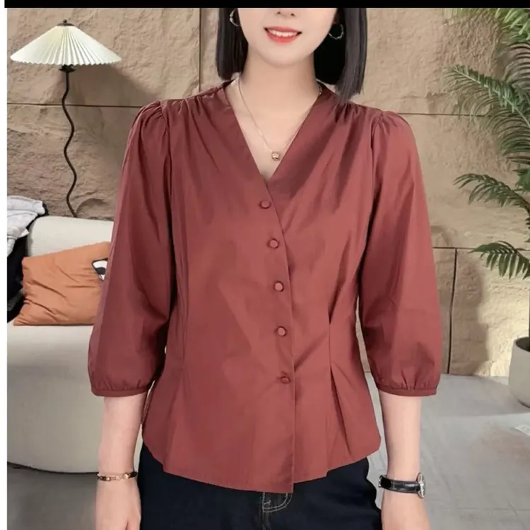 开衫衬衫薄软高定扣子款收腰女人上衣气质时尚七分袖衬衫