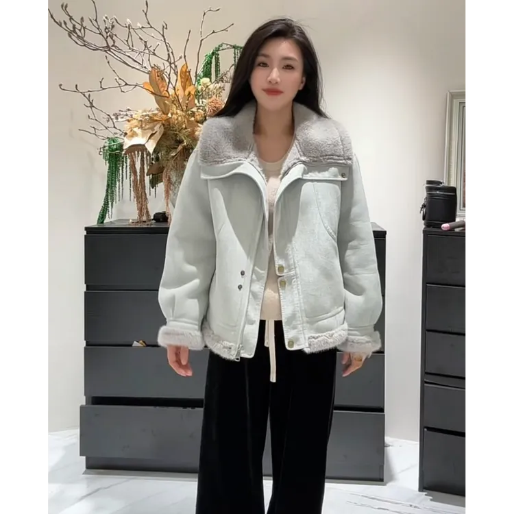 099鹿皮绒翻领时尚休闲百搭气质加绒加厚保暖公主貂外套