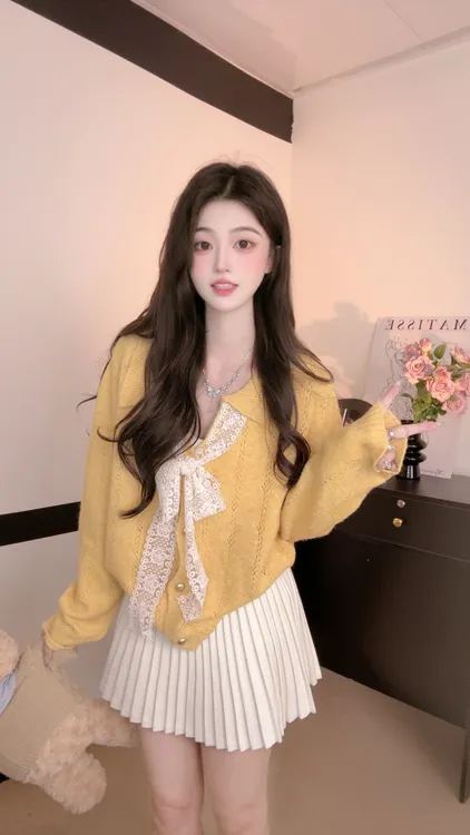 设计感气质系带蝴蝶结V领羊毛混纺毛衣开衫洋气减龄秋季针织衫女