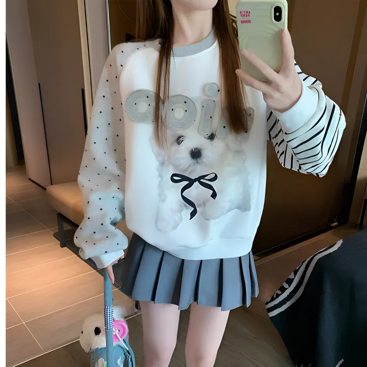 纯棉圆领小狗hiphop卫衣春秋款女装外套波点条纹假两件长袖上衣服