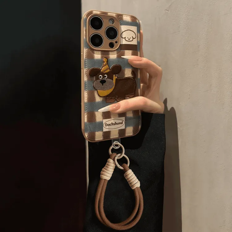 格子刺绣狗适用苹果17ProMax皮纹气垫手机壳华为oppo小米vivo卡通