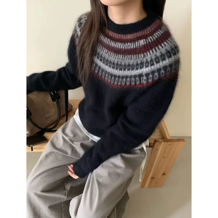 3573【洋气费尔岛提花毛衣】秋冬新款百搭女士针织衫外穿上衣