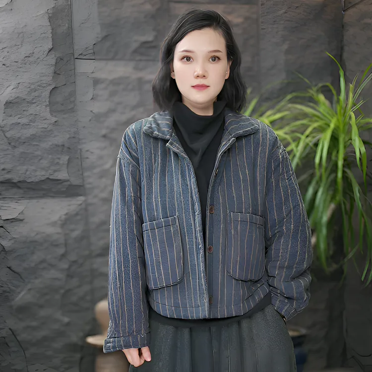 【条纹棉袄】FF短外套宽松女棉衣保暖复古常规秋冬短款条纹通勤风