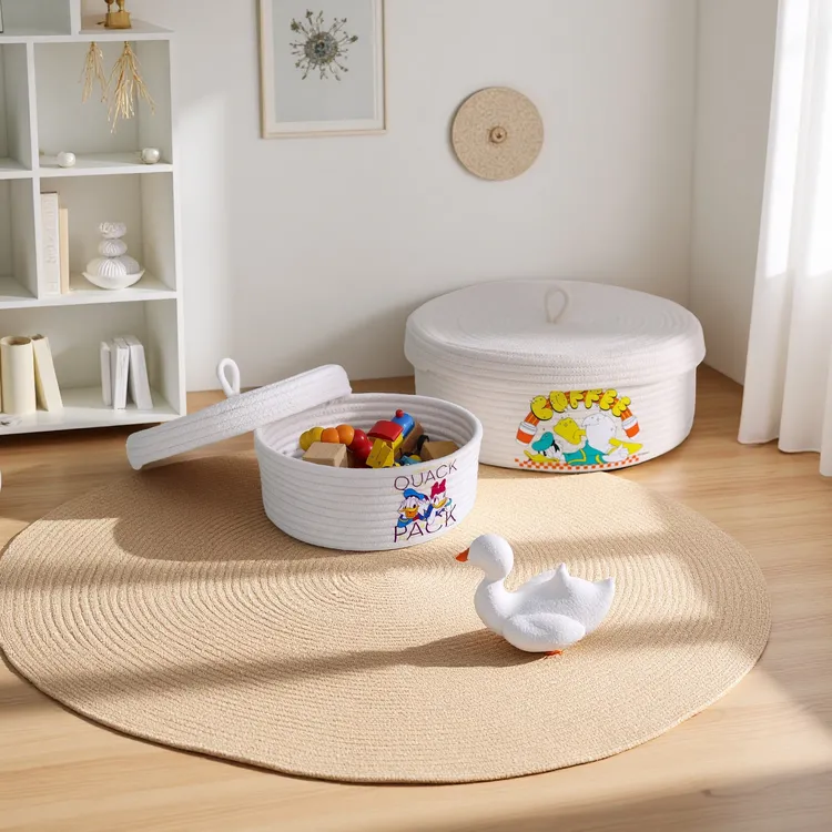 可爱唐老鸭棉绳编织收纳筐带盖防尘桌面收纳篮家用居家实用物品