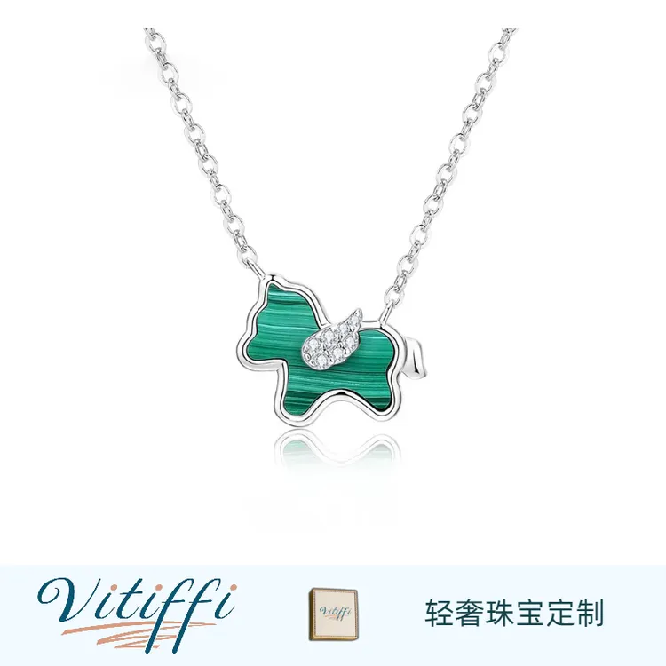 小绿马925纯银孔雀石镶嵌锆石项链女时尚个性可爱情人节送女友