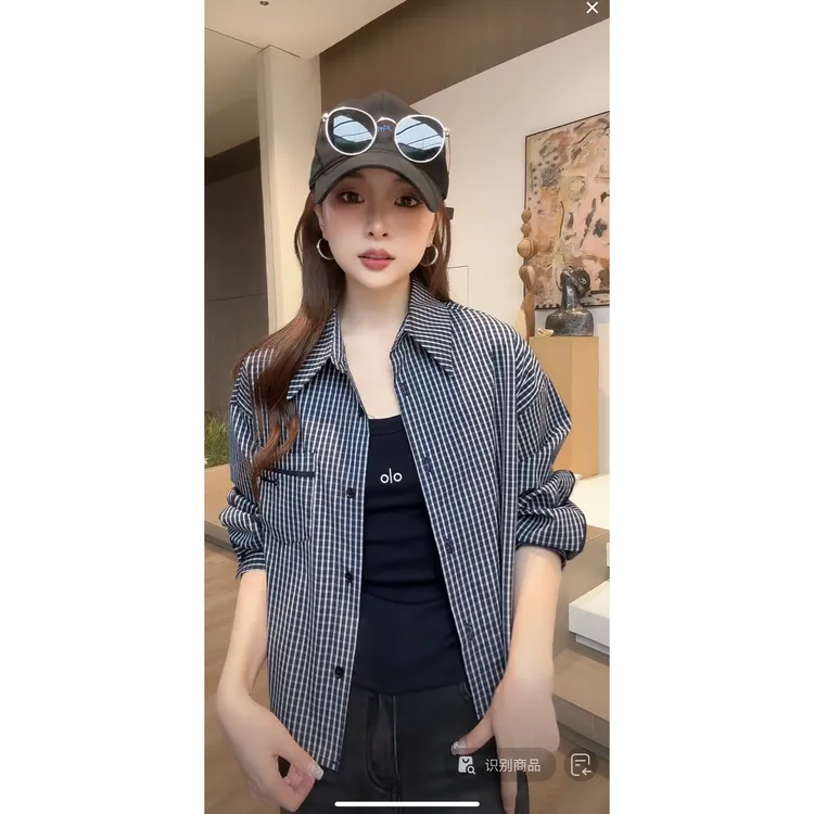 C08068新款气质宽松文艺休闲慵懒风口袋字母格子衬衫