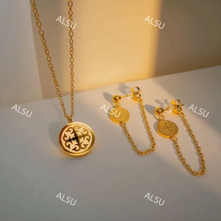 合金项链 ALSU原创新款经典民族风简约风项链耳环两件套轻奢法式