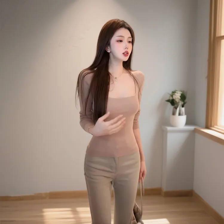 LINQI【法式纯欲】法式修身型针织长袖常规纯欲T恤秋冬打底衫修身