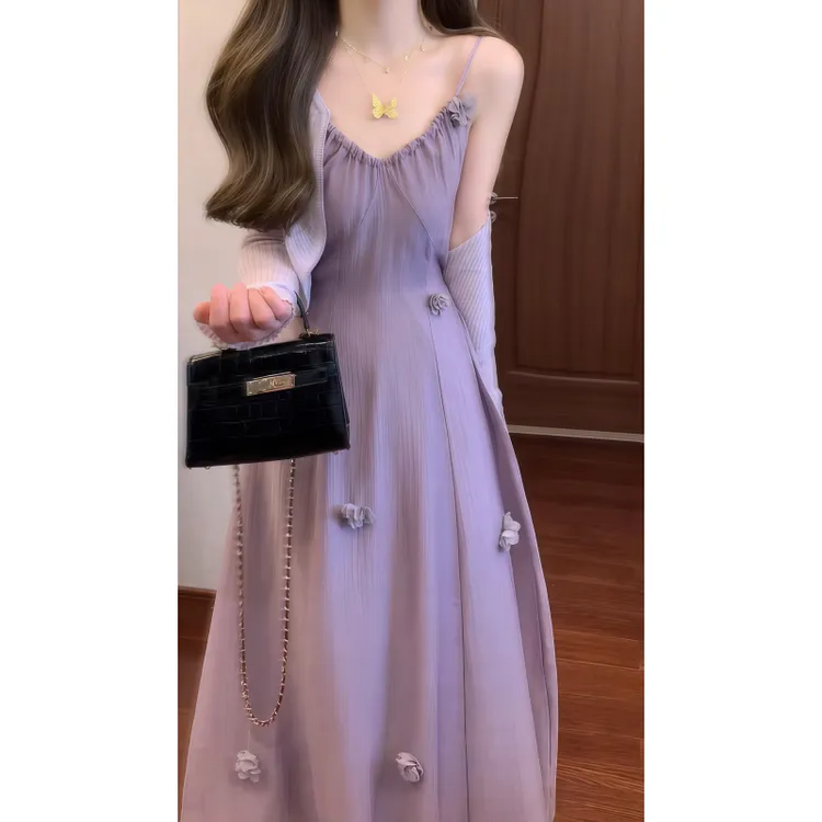 【丁香风铃】紫色优雅设计感立体花朵吊带连衣裙&防晒空调开衫9312
