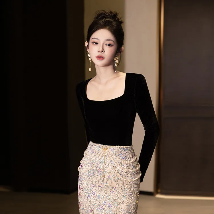 黑色晚礼服女装高端2025新款轻奢订婚礼服生日主持人年会成人礼秋